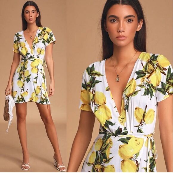 Lulu's Lemon Print Wrap Mini Dress - Picture 5 of 16